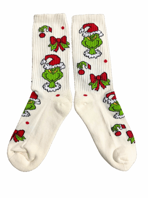 Medias Tejidas Grinch caritas fondo crema - Cosmic Socks